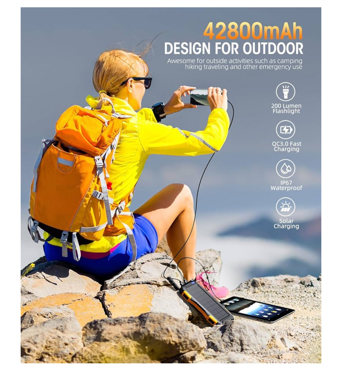 Power Bank Solar Charger - 42800mAh Portable Charger (Orange)
