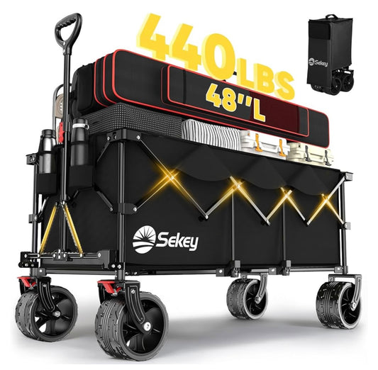Sekey 48''L Collapsible Foldable Extended Wagon with 440lbs Weight Capacity, Heavy Duty 300L Folding Utility Garden Cart with Big All-Terrain Beach Wheels & Drink Holders