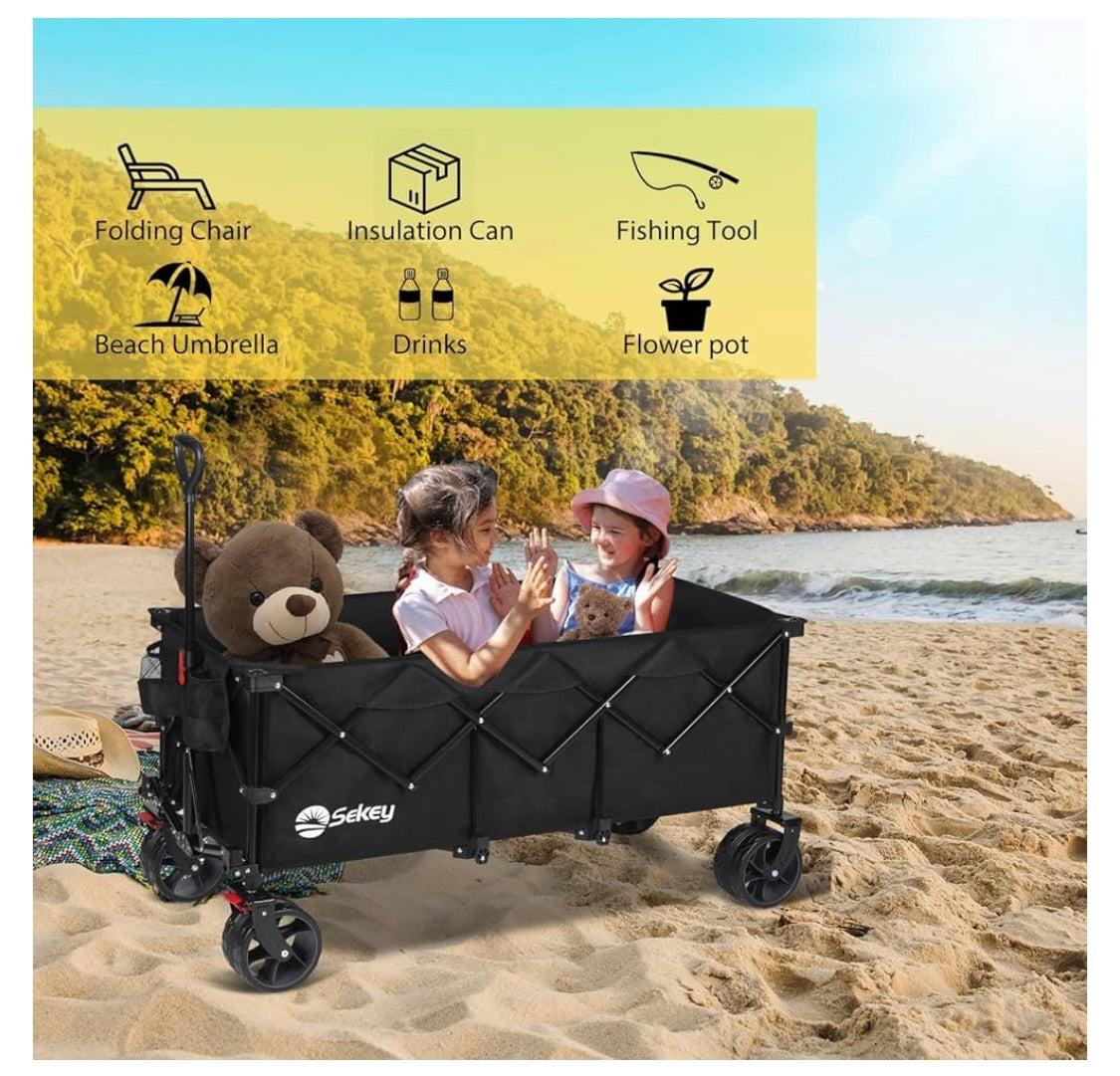 Sekey 48''L Collapsible Foldable Extended Wagon with 440lbs Weight Capacity, Heavy Duty 300L Folding Utility Garden Cart with Big All-Terrain Beach Wheels & Drink Holders