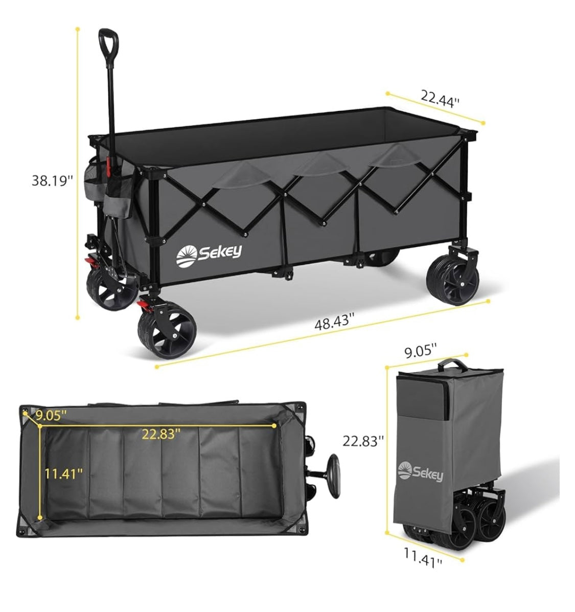 Sekey 48''L Collapsible Foldable Extended Wagon with 440lbs Weight Capacity, Heavy Duty 300L Folding Utility Garden Cart with Big All-Terrain Beach Wheels & Drink Holders