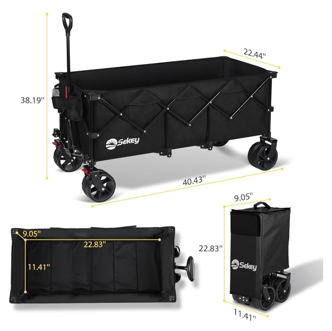 Sekey 48''L Collapsible Foldable Extended Wagon with 440lbs Weight Capacity, Heavy Duty 300L Folding Utility Garden Cart with Big All-Terrain Beach Wheels & Drink Holders