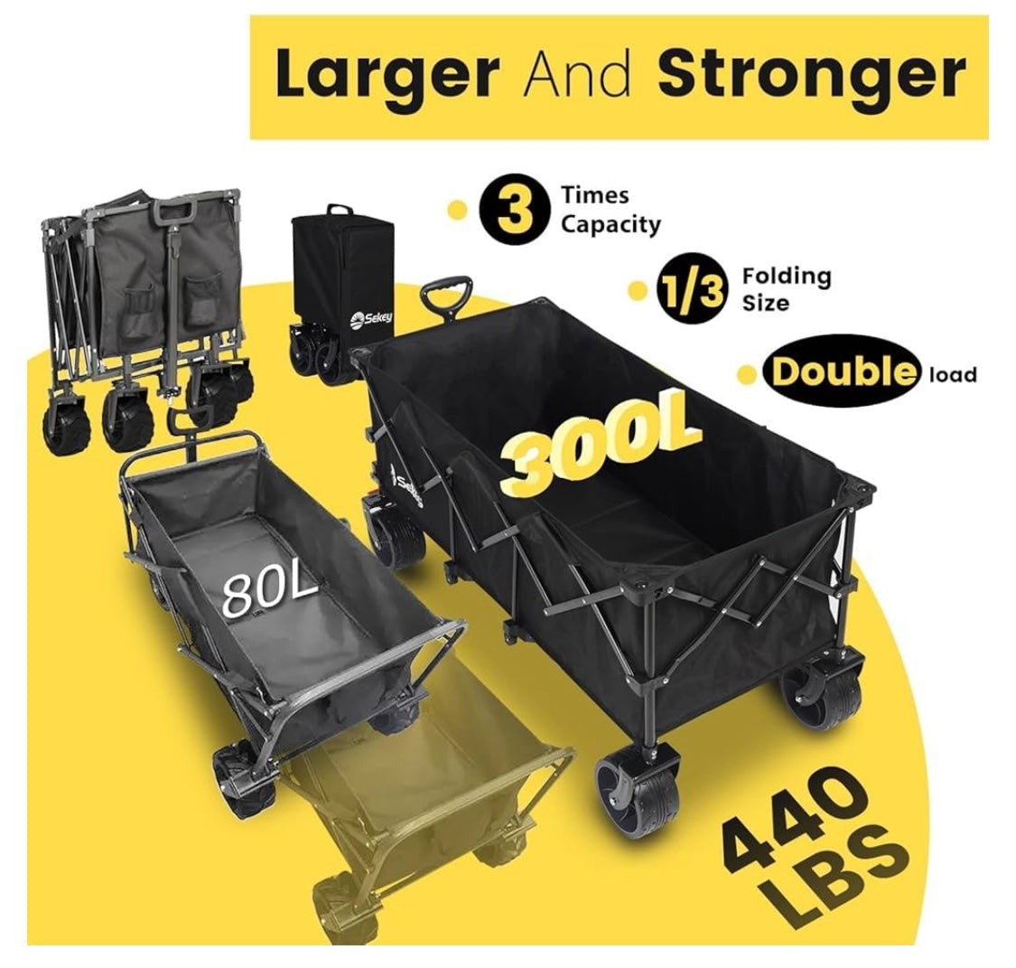 Sekey 48''L Collapsible Foldable Extended Wagon with 440lbs Weight Capacity, Heavy Duty 300L Folding Utility Garden Cart with Big All-Terrain Beach Wheels & Drink Holders