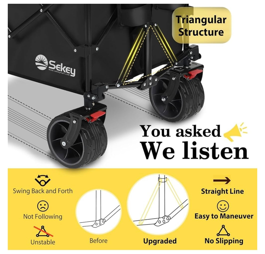 Sekey 48''L Collapsible Foldable Extended Wagon with 440lbs Weight Capacity, Heavy Duty 300L Folding Utility Garden Cart with Big All-Terrain Beach Wheels & Drink Holders