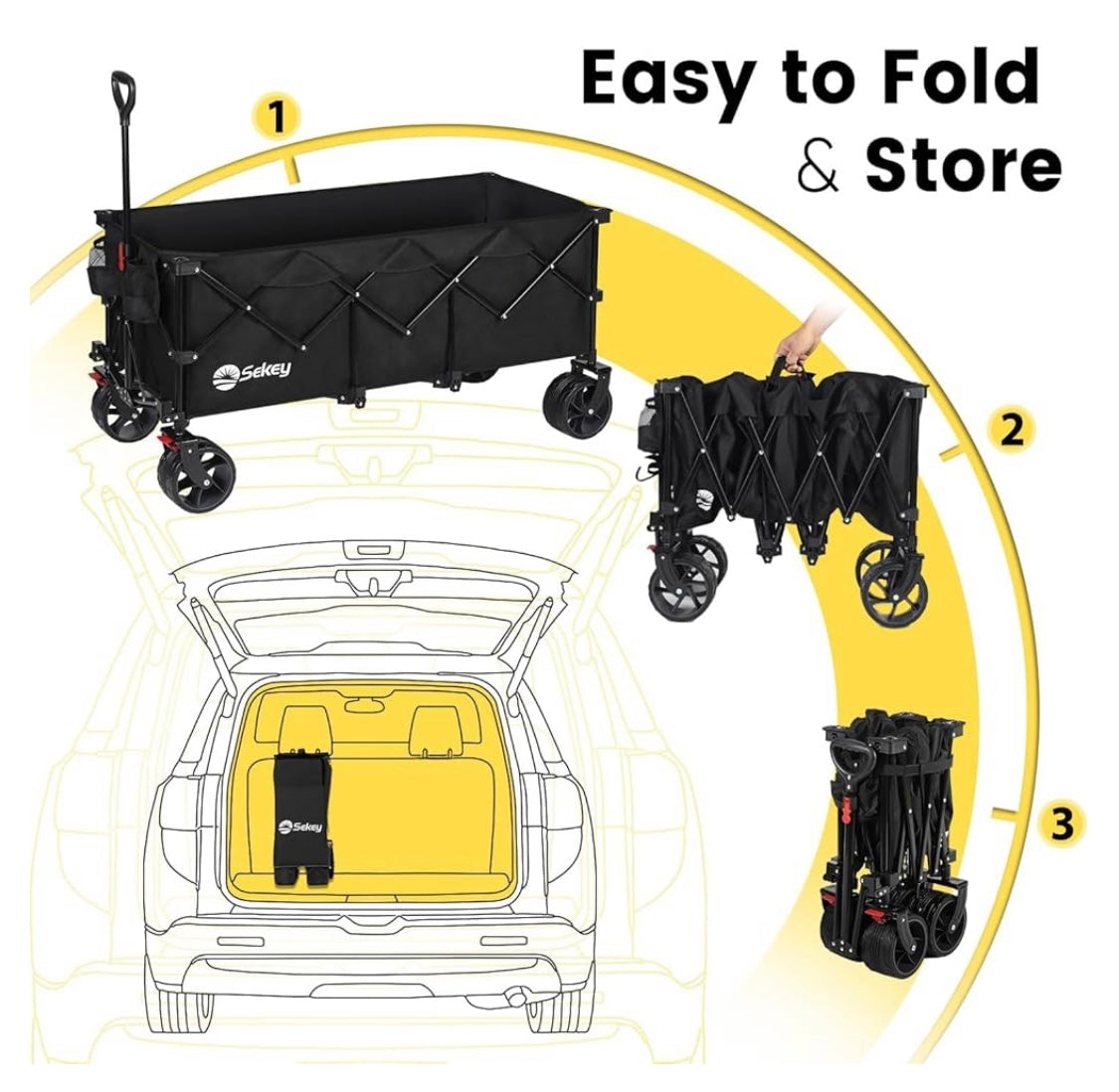 Sekey 48''L Collapsible Foldable Extended Wagon with 440lbs Weight Capacity, Heavy Duty 300L Folding Utility Garden Cart with Big All-Terrain Beach Wheels & Drink Holders