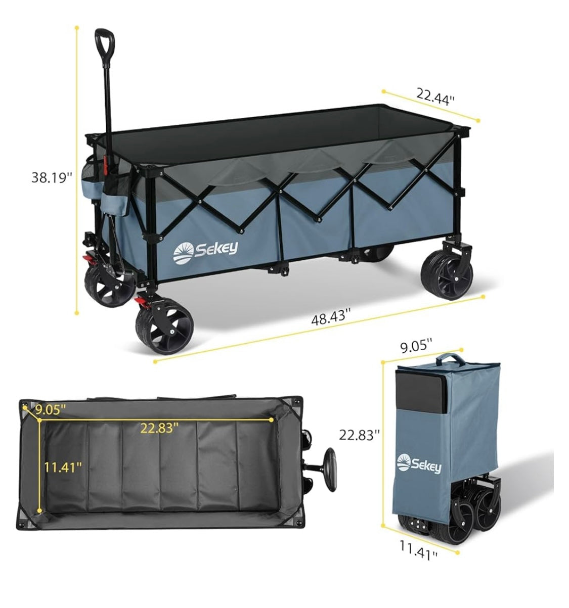 Sekey 48''L Collapsible Foldable Extended Wagon with 440lbs Weight Capacity, Heavy Duty 300L Folding Utility Garden Cart with Big All-Terrain Beach Wheels & Drink Holders