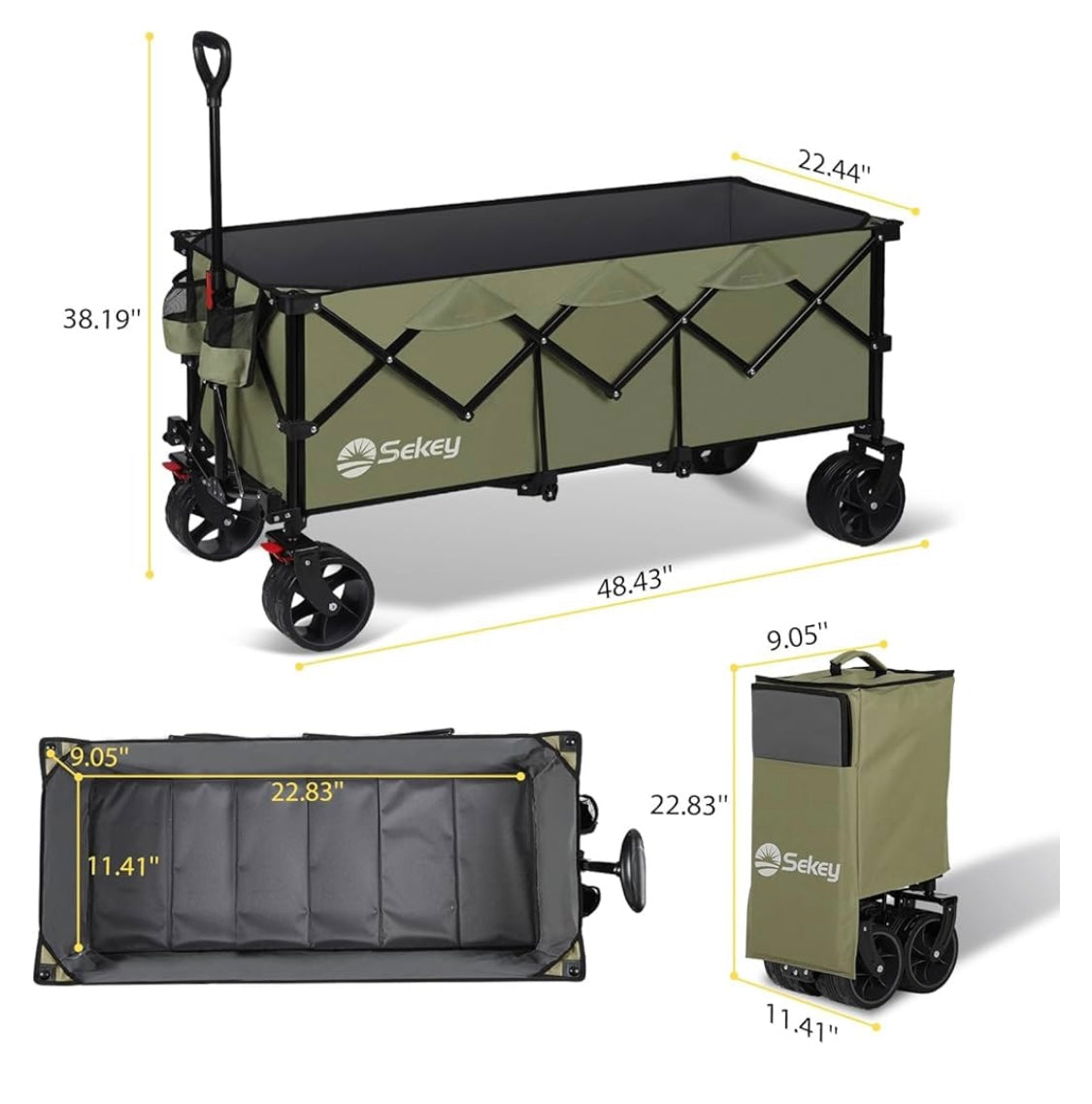 Sekey 48''L Collapsible Foldable Extended Wagon with 440lbs Weight Capacity, Heavy Duty 300L Folding Utility Garden Cart with Big All-Terrain Beach Wheels & Drink Holders