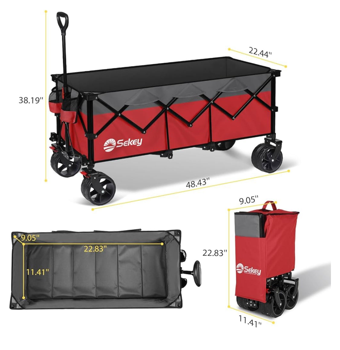 Sekey 48''L Collapsible Foldable Extended Wagon with 440lbs Weight Capacity, Heavy Duty 300L Folding Utility Garden Cart with Big All-Terrain Beach Wheels & Drink Holders